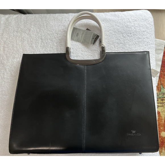 Daniela Moda Black / white Leather Handbag Dual Handles Tote Shoulder Strap NWT - Picture 2 of 16